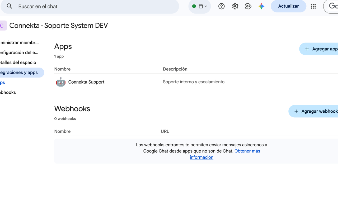 Detalle de integración de Connekta Support en Google Chat